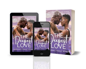 A premade book cover is shown. The cover shows a black man and woman embracing in front of a dreamy lake in peach, purple, pink colors.